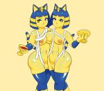 2018 absurd_res alcohol animal_crossing ankha_(animal_crossing) anthro asymmetrical_docking beverage breast_squish breasts cup duo egyptian feline gemhunter hair hi_res holding_object looking_at_viewer mammal multicolored_hair navel nintendo nipples nude portrait pussy ringtail selfcest simple_background square_crossover standing tan_background three-quarter_portrait two_tone_hair video_games wide_hips wine yellow_eyes 