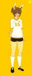  brown_hair clothing eeveelution freckles hair jolteon legwear male nintendo pok&eacute;mon pok&eacute;mon_(species) razplus shorts socks solo video_games young 