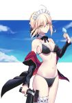  artoria_pendragon_(all) artoria_pendragon_(swimsuit_rider_alter) bikini black_bikini black_bow black_jacket black_ribbon blonde_hair bow braided_bun breasts choker cleavage clothes_down covered_nipples fate/grand_order fate_(series) floating_hair frilled_bikini_top groin gun hair_between_eyes hair_bow holding holding_gun holding_weapon jacket looking_at_viewer maid_headdress medium_breasts navel neck_ribbon open_clothes open_jacket ribbon sakanasoko sideboob sidelocks solo standing swimsuit thigh_strap tied_hair weapon yellow_eyes 