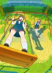  brown_hair chain-link_fence crossed_legs dress fence from_above green_eyes happy long_hair looking_at_another looking_back multiple_girls neck_ribbon nobile1031 original outdoors park perspective playing railing ribbon school_uniform shadow short_hair sitting smile standing standing_on_swing swing swing_set thighhighs tree twintails uniform white_legwear 