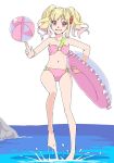  1girl :d aikatsu!_(series) aikatsu_stars! akinbo_(hyouka_fuyou) ball beachball bikini blonde_hair bow collarbone flat_chest floating_hair full_body hair_bow highres innertube looking_at_viewer multicolored_hair navel nijino_yume ocean open_mouth pink_bikini pink_hair red_bow red_eyes simple_background sketch smile solo strapless strapless_bikini swimsuit twintails two-tone_hair white_background 