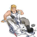  arm_support black_footwear blonde_hair boots gloves grey_gloves grey_pants headset heart lowres male_focus melmetal muscle nut_(hardware) on_floor pants personification pokemon radx26 signature slime solo sweatdrop tank_top 