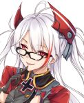  :p antenna_hair azur_lane bangs bespectacled black-framed_eyewear black_gloves colored_eyelashes commentary_request eyebrows_visible_through_hair finger_to_mouth glasses gloves hand_up headgear index_finger_raised iron_cross long_hair merukiarisu military military_uniform multicolored_hair prinz_eugen_(azur_lane) red_eyes red_hair simple_background smile solo streaked_hair tongue tongue_out two_side_up uniform upper_body white_background white_hair 