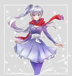  blue_eyes commentary earrings highres iesupa jewelry lace lace-trimmed_skirt long_hair pantyhose petticoat ponytail rwby scar scar_across_eye scarf side_ponytail skirt solo tiara weiss_schnee white_hair 