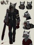  anthro blood bone canine chainsaw chainsaw_arm clawdia_wolf_(monsterjam63) clothing english_text female fur gas_mask grey_fur hair jacket leather leather_jacket long_hair mammal mask monsterjam63 open_mouth short_hair simple_background smile solo text tools white_background white_hair wolf wounded yellow_sclera 