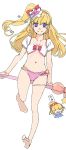  1girl akinbo_(hyouka_fuyou) asahina_mirai bangs barefoot blonde_hair bow bracelet broom broom_riding collarbone cure_miracle floating_hair full_body hair_bow hairband hat highres jewelry leg_up long_hair looking_at_viewer mahou_girls_precure! navel pink_bikini_bottom pink_hairband pink_hat precure purple_eyes red_bow short_sleeves side_ponytail simple_background sketch smile soles solo thighlet very_long_hair white_background white_bikini_top witch_hat 