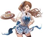  :d apron beatrix_(granblue_fantasy) black_legwear black_skirt blue_bow blue_ribbon bow brown_hair cake contrapposto cowboy_shot eustace-flamek floating_hair food frilled_apron frills granblue_fantasy green_eyes hair_ribbon hand_on_hip highres long_hair long_sleeves looking_at_viewer maid miniskirt open_mouth ponytail ribbon shirt skirt smile solo standing thighhighs transparent_background very_long_hair waist_apron white_shirt zettai_ryouiki 