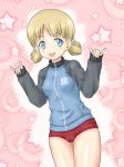  aki_(girls_und_panzer) blonde_hair blue_eyes blush breasts buruma cameltoe girls_und_panzer gym_uniform haru_kanata jacket keizoku_military_uniform looking_at_viewer open_mouth pink_background raglan_sleeves small_breasts smile solo star starry_background track_jacket track_suit twintails 