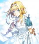  alice_schuberg apron arms_behind_back basket blonde_hair blue_eyes blue_shirt bow braid cloud day ddaomphyo eyebrows_visible_through_hair floating_hair hair_bow highres long_hair looking_at_viewer outdoors shirt short_sleeves single_braid smile solo standing sword_art_online very_long_hair white_apron white_bow 