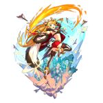  :d arrow ass blonde_hair blue_eyes broken_arrow cape dagger dragalia_lost ezelith fang fire from_side full_body hair_ornament holding holding_weapon long_hair looking_back non-web_source official_art open_mouth smile soldier sword transparent_background weapon 