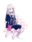  asymmetrical_legwear black_legwear black_shirt blue_eyes boots checkered checkered_background choker collarbone full_body hair_between_eyes hisaki1118 ia_(vocaloid) jewelry kneehighs long_hair looking_at_viewer miniskirt off-shoulder_shirt pink_skirt pleated_skirt ring shirt silver_hair skirt smile solo thighhighs very_long_hair vocaloid white_background white_footwear 