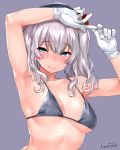  armpits bangs beret bikini bikini_top black_bikini black_bikini_top black_hat blue_eyes blush breasts breasts_apart closed_mouth collarbone commentary_request eyebrows_visible_through_hair gloves grey_hair happa_(cloverppd) hat kantai_collection kashima_(kantai_collection) lips looking_at_viewer medium_breasts nose_blush purple_background signature silver_hair simple_background smile solo string_bikini swimsuit tsurime twintails underboob upper_body wavy_hair white_gloves 
