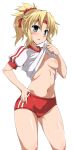  absurdres bangs blonde_hair blush braid breasts buruma eyebrows_visible_through_hair fate/grand_order fate_(series) french_braid gym_uniform hair_ornament hair_scrunchie hand_on_hip headband highres lifted_by_self looking_at_viewer mordred_(fate) mordred_(fate)_(all) navel nipples no_bra parted_bangs ponytail puffy_short_sleeves puffy_sleeves red_buruma red_scrunchie scrunchie shiny shiny_skin shirt shirt_lift short_sleeves simple_background small_breasts solo white_background white_shirt yoshi_tama 