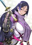  bangs black_gloves bodysuit breasts commentary_request covered_navel fate/grand_order fate_(series) fingerless_gloves glint gloves happa_(cloverppd) huge_breasts katana large_breasts long_hair low-tied_long_hair minamoto_no_raikou_(fate/grand_order) parted_bangs purple_bodysuit purple_eyes purple_hair ribbed_sleeves rope signature solo sword tabard very_long_hair weapon 