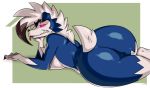  2018 anthro anus biped black_hair blue_body blue_fur breast_squish breasts butt female fur generation_7_pokemon genitals hair looking_at_viewer looking_back lycanroc mcfli midnight_lycanroc mohawk nintendo nude pokemon pokemon_(species) pussy rear_view red_eyes shiny_pokemon short_tail solo squish tail teeth third-party_edit tongue tongue_out white_body white_fur white_hair 