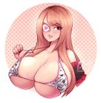  1girl blonde_hair breasts brown_eyes cleavage eyepatch hitomi_tanaka huge_breasts long_hair parted_lips smile solo upper_body 