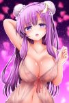  arm_behind_back babydoll bangs bare_shoulders blunt_bangs breasts bun_cover cleavage collarbone colorized commentary_request crescent crescent_hair_ornament double_bun eyebrows_visible_through_hair gradient gradient_background hair_ornament hand_up head_tilt highres kitora_(kisekinonameko) large_breasts lips long_hair maturiuta_sorato navel nipples open_mouth patchouli_knowledge purple_background purple_eyes purple_hair red_ribbon ribbon see-through shiny shiny_hair shiny_skin solo touhou upper_body 