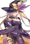  alternate_costume azur_lane bangs bat_hair_ornament belt black_legwear blonde_hair breasts buckle cape cleavage commentary_request cowboy_shot detached_sleeves dress food_themed_hair_ornament hair_ornament halloween halloween_costume hand_on_hip hat highres jack-o'-lantern large_breasts leotard long_hair looking_at_viewer nelson_(azur_lane) pantyhose potion pumpkin_hair_ornament purple_leotard red_eyes shaded_face shirotae_moyashi sidelocks simple_background solo thigh_strap thighband_pantyhose twintails very_long_hair white_background wide_sleeves witch_hat 
