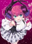  1girl asymmetrical_horns bangs bare_shoulders blue_eyes breasts commentary_request curled_horns detached_sleeves dragon_girl dragon_horns dragon_tail dress elizabeth_bathory_(fate) elizabeth_bathory_(fate)_(all) eyebrows_visible_through_hair fang fate/extra fate/extra_ccc fate/grand_order fate_(series) gradient gradient_background hair_ribbon haruyuki_(yukichasoba) highres horns leaning_forward long_hair medium_breasts open_mouth pink_hair pink_ribbon plaid plaid_skirt pointy_ears ribbon skirt solo standing tail teeth two_side_up 