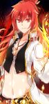  belt blazing_heart_(elsword) coat collarbone crop_top elesis_(elsword) elsword fire hair_between_eyes jewelry long_hair looking_at_viewer midriff navel necklace open_clothes open_coat red_eyes red_hair shiny shiny_hair shoku_(dumplings) smile solo stomach tied_hair upper_body white_coat 