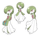  1girl arms_behind_back blush closed_mouth creatures_(company) female full_body game_freak gardevoir gen_3_pokemon gift green_hair green_skin hair_over_one_eye highres holding incoming_gift looking_at_viewer multiple_views nervous nintendo no_humans pokemon pokemon_(creature) red_eyes shiny shiny_hair short_hair shy simple_background standing sweat tazonotanbo two-tone_skin wavy_mouth white_background white_skin 