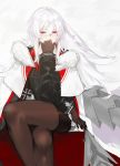  azur_lane bangs black_legwear black_skirt blush breasts brown_gloves cape capelet cleavage commentary_request covered_mouth crossed_legs eyebrows_visible_through_hair fur-trimmed_cape fur_trim gloves graf_zeppelin_(azur_lane) hair_between_eyes iron_cross jacket large_breasts long_hair long_sleeves looking_at_viewer military military_uniform nello_(luminous_darkness) pantyhose red_eyes rigging silver_hair sitting skirt solo uniform very_long_hair 