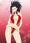  1girl bare_legs black_hair blush boku_no_hero_academia breasts center_opening curvy embarrassed female game_cg high_ponytail large_breasts leotard lime_(purple_haze) long_hair looking_at_viewer nipples partially_visible_vulva ponytail red_leotard solo yaoyorozu_momo 