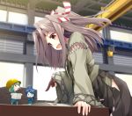  ahoge arm_support blue_hair blurry blush braid brown_eyes brown_hair crossed_arms depth_of_field eye_contact fairy_(kantai_collection) gloves green_hair hachimaki hakama hangar happy headband helmet high_ponytail indoors japanese_clothes kantai_collection leaning_forward long_hair looking_at_another minigirl mofu_namako multiple_girls muneate open_mouth pointing short_hair single_braid single_glove size_difference smile zuihou_(kantai_collection) 