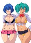  2girls bikini blue_hair breasts eyepatch green_hair haiboku highleg highleg_bikini ikkitousen large_breasts multiple_girls open_clothes open_shirt ryofu_housen ryomou_shimei short_skirt swimsuit tongue yellow_bikini 