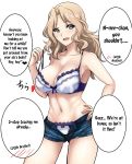  1girl adjusting_bra adjusting_clothes blonde_hair blue_eyes bow bow_bra bow_panties bra breasts casual cleavage cowboy_shot denim denim_shorts girls_und_panzer hand_on_hip highres kay_(girls_und_panzer) koujun_(mugenzero) lace lace-trimmed_bra lace-trimmed_panties large_breasts long_hair looking_at_viewer navel no_shirt panties parted_lips short_shorts shorts simple_background smile solo spoken_blush standing strap_pull strap_slip translated underwear unzipped white_background 
