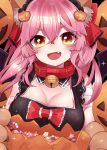  absurdres animal_ears bandaged_arm bandages bangs bare_shoulders bell bell_collar blush bow breasts candy cat_paws cleavage collar commentary_request fang fate/grand_order fate_(series) food fox_ears fox_tail gloves hair_between_eyes hair_bow hair_ornament highres jack-o'-lantern jack-o'-lantern_hair_ornament jingle_bell large_breasts long_hair looking_at_viewer open_mouth paw_gloves paws pink_hair red_bow sidelocks smile solo soramame_pikuto sparkle tail tamamo_(fate)_(all) tamamo_cat_(fate) yellow_eyes 