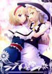  :d akane_hazuki alice_margatroid apron black_skirt blonde_hair blue_dress blue_eyes bow braid capelet card_(medium) dress eyebrows_visible_through_hair gloves hair_between_eyes hair_bow hairband hat holding_hand interlocked_fingers kirisame_marisa long_hair looking_at_viewer multiple_girls open_mouth red_hairband short_hair single_braid skirt smile touhou very_long_hair white_apron white_bow white_capelet white_gloves witch_hat yellow_eyes 