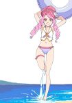  1girl aikatsu!_(series) aikatsu_stars! akinbo_(hyouka_fuyou) armpits arms_up bangs beach belt braid collarbone drill_hair elza_forte flat_chest flower hair_flower hair_ornament highres innertube leg_up long_hair looking_at_viewer midriff navel ocean orange_eyes outdoors parted_bangs pink_hair purple_bikini_bottom simple_background smile solo standing standing_on_one_leg stomach thigh_strap tied_hair twin_drills water white_background white_flower 
