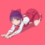  akagi_(fmttps) all_fours artist_name bangs bow cat_girl closed_mouth commentary dress eyebrows_visible_through_hair fingernails full_body gegege_no_kitarou hair_bow high_heels light_frown long_sleeves looking_at_viewer nekomusume nekomusume_(gegege_no_kitarou_6) pinafore_dress pointy_ears red_background red_bow red_dress red_footwear shadow sharp_fingernails shirt short_dress short_hair simple_background solo twitter_username white_shirt 