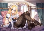  abigail_williams_(fate/grand_order) alternate_costume bangs bed bed_sheet black_dress black_panties blonde_hair blue_eyes blush breasts canopy_bed commentary_request corset curtains dress enmaided error fate/grand_order fate_(series) frills full_body glasses half-closed_eyes indoors lifted_by_self light_smile long_hair looking_at_viewer maid no_shoes on_bed panties pantyhose parted_bangs pillow puffy_short_sleeves puffy_sleeves red-framed_eyewear semi-rimless_eyewear shirokuma_a short_sleeves sidelocks sitting skirt skirt_lift small_breasts soles solo striped striped_legwear thighband_pantyhose toes underwear vertical-striped_legwear vertical_stripes very_long_hair wrist_cuffs 
