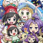  acerola_(pokemon) arm_up bag beanie black_hair blonde_hair blue_eyes character_doll commentary_request cosmog doll elite_four flipped_hair gen_7_pokemon green_eyes hair_ornament handbag hat holding holding_doll kingin lillie_(pokemon) long_hair mimikyu mizuki_(pokemon) multiple_girls open_mouth pokemon pokemon_(creature) pokemon_(game) pokemon_sm purple_eyes purple_hair red_hat rowlet short_hair short_sleeves sun_hat trial_captain white_hat z-ring 