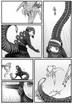  attack clenched_teeth comic emphasis_lines godzilla godzilla_(series) greyscale highres horns jumping kishida_shiki long_hair looking_at_another monochrome motion_lines multiple_girls nude running shin_godzilla silent_comic speed_lines tail teeth 