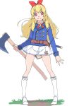  1girl aikatsu! aikatsu!_(series) akinbo_(hyouka_fuyou) axe blonde_hair blue_jacket bow full_body hair_bow hairband highres holding holding_axe hoshimiya_ichigo jacket kneehighs long_hair long_sleeves looking_to_the_side miniskirt neck_ribbon pleated_skirt red_bow red_eyes red_hairband red_ribbon ribbon simple_background skirt smile solo standing very_long_hair white_background white_legwear white_skirt 