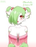  1girl absurdres akatori_(redbird) artist_name bare_shoulders blush breasts chestnut_mouth collarbone creatures_(company) dated english_text female game_freak gardevoir gen_3_pokemon green_hair green_skin hair_bobbles hair_ornament hair_over_one_eye hands_up heart highres large_breasts looking_at_viewer nintendo no_humans off_shoulder open_mouth pokemon pokemon_(creature) red_eyes shiny shiny_hair shiny_skin short_hair short_twintails simple_background solo spoken_heart talking teeth tied_hair twintails twitter_username two-tone_skin upper_body watermark white_background white_skin 