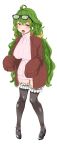  black_legwear breasts cardigan clearite commentary_request dress eyewear_on_head glasses green_hair highres large_breasts long_hair low_twintails open_mouth purple_eyes ribbed_sweater sleeves_past_fingers sleeves_past_wrists sweater sweater_dress thighhighs transparent_background twintails very_long_hair 