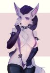  2018 anthro areola breasts canine clothed clothing digital_media_(artwork) ear_piercing einshelm facial_piercing female fox looking_at_viewer mammal navel piercing purple_eyes rubber solo standing thin_waist wide_hips 