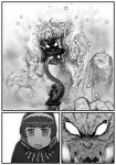  clenched_teeth comic eyebrows_visible_through_hair giant glowing glowing_eyes godzilla godzilla_(series) greyscale hairband highres kishida_shiki looking_at_another monochrome monster personification sharp_teeth shin_godzilla silent_comic size_difference tail teeth v-shaped_eyebrows veins 