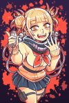  1girl bangs blonde_hair blush boku_no_hero_academia breasts double_bun eyebrows_visible_through_hair fangs jen-jen_rose long_sleeves looking_at_viewer medium_breasts open_mouth pleated_skirt school_uniform short_hair skirt smile solo standing toga_himiko yellow_eyes 