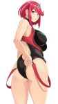  1girl adjusting_clothes adjusting_swimsuit ahoge ass bare_shoulders blush breasts circlet earrings from_behind from_below homura_(xenoblade_2) jewelry large_breasts looking_at_viewer looking_back nintendo parted_lips red_eyes red_hair shiny shiny_hair shiny_skin short_hair sideboob solo swimsuit xeno_(series) xenoblade_(series) xenoblade_2 