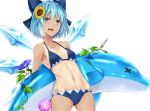  arched_back ass_visible_through_thighs bangs bare_shoulders bikini blue_bikini blue_bow blue_eyes blue_hair blue_wings bow breasts cirno collarbone cowboy_shot flower hair_between_eyes hair_bow hair_flower hair_ornament halterneck ice ice_wings inflatable_dolphin inflatable_toy looking_at_viewer morning_glory nabeshima_tetsuhiro navel one-piece_tan ribs simple_background skinny small_breasts smile solo sunflower sunflower_hair_ornament swimsuit tan tanline tanned_cirno touhou white_background wings 