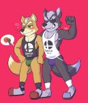  anthro armpit_hair blush bulge butt butt_grab canine clothed clothing duo embrace flexing fox fox_mccloud grin grope half_naked hand_on_butt jockstrap male male/male mammal muscular muscular_male nintendo pose shirt smile star_fox sweat tank_top touyakemone underwear video_games wolf wolf_o&#039;donnell 