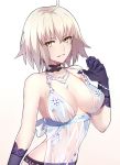  ahoge artoria_pendragon_(all) artoria_pendragon_(lancer_alter) artoria_pendragon_(lancer_alter)_(cosplay) babydoll bangs bare_shoulders black_choker black_gloves black_panties blush breasts choker cleavage collarbone commentary cosplay covered_navel fate/grand_order fate_(series) gloves hair_between_eyes highres jeanne_d'arc_(alter)_(fate) jeanne_d'arc_(fate)_(all) jewelry large_breasts lingerie looking_at_viewer necklace panties parted_lips royal_icing see-through shiguru short_hair silver_hair simple_background slit_pupils smile solo strap_pull underwear white_babydoll white_background yellow_eyes 