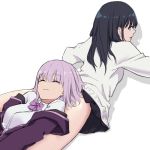  ass_pillow black_hair black_skirt closed_eyes commentary green_eyes highres lavender_hair long_hair lying multiple_girls on_back on_stomach ribbon shinjou_akane short_hair simple_background skirt soruna_(nell) ssss.gridman sweater takarada_rikka unzipped white_background yuri 