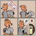  &lt;3 ? anthro breasts canine clothed clothing comic dialogue duo eyes_closed female fox fur grey_fur inside koala male male/female mammal marsupial open_mouth orange_fur study_partners thunderouserections 