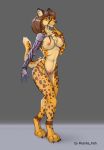  anthro breasts cat clothed clothing digital_media_(artwork) digitigrade feline female grey_background mammal nipples nude piranha_fish pussy simple_background solo standing teeth topless 